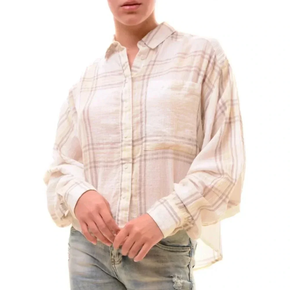 FREE PEOPLE PLAID CROPPED BUTTON DOWN
